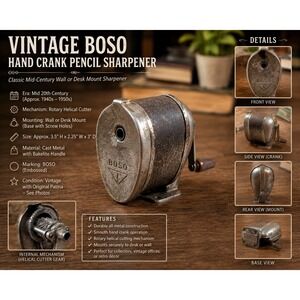 Vintage Boston Model L Hand Crank Pencil Sharpener Metal Wall Desk Mount 1950s